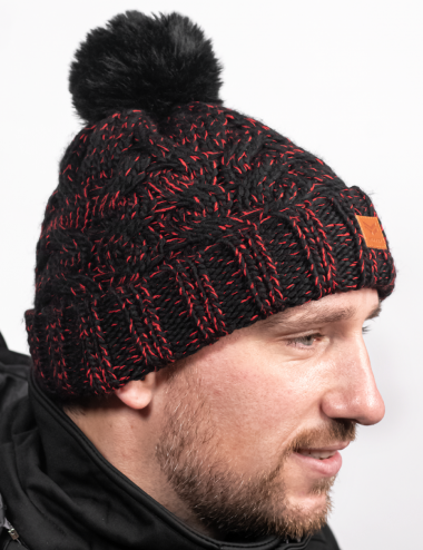 Black and red hat with pom-pom
